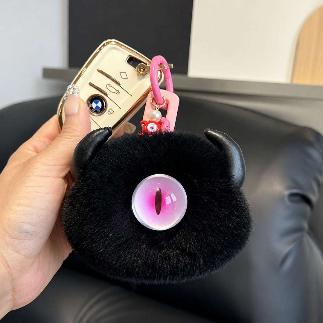 Gothic Evil Eye Monster Real Rabbit Fur Keychain Fluffy Horned Cyclops Pom Pom Bag Charm Key Ring