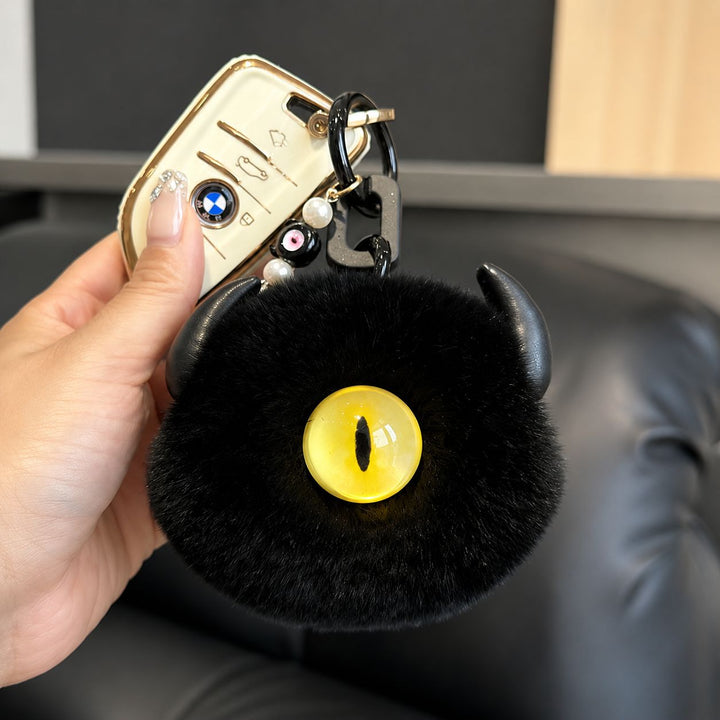 Gothic Evil Eye Monster Real Rabbit Fur Keychain Fluffy Horned Cyclops Pom Pom Bag Charm Key Ring