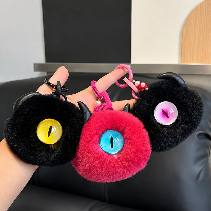Gothic Evil Eye Monster Real Rabbit Fur Keychain Fluffy Horned Cyclops Pom Pom Bag Charm Key Ring