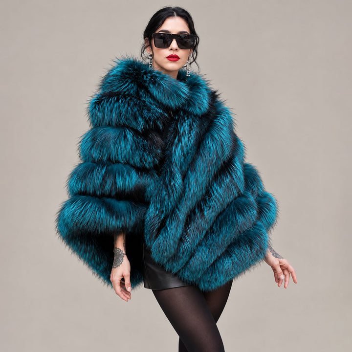 Women’s Real Fox Fur Poncho with Leather Trim Zip Closure Oversized Silver Fox Fur Cape Jacket