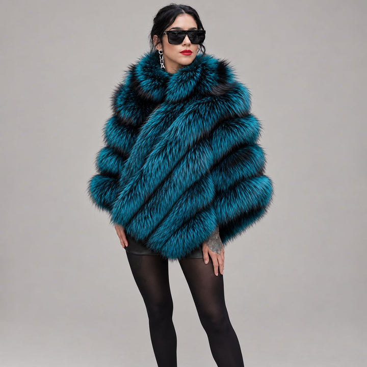 Women’s Real Fox Fur Poncho with Leather Trim Zip Closure Oversized Silver Fox Fur Cape Jacket