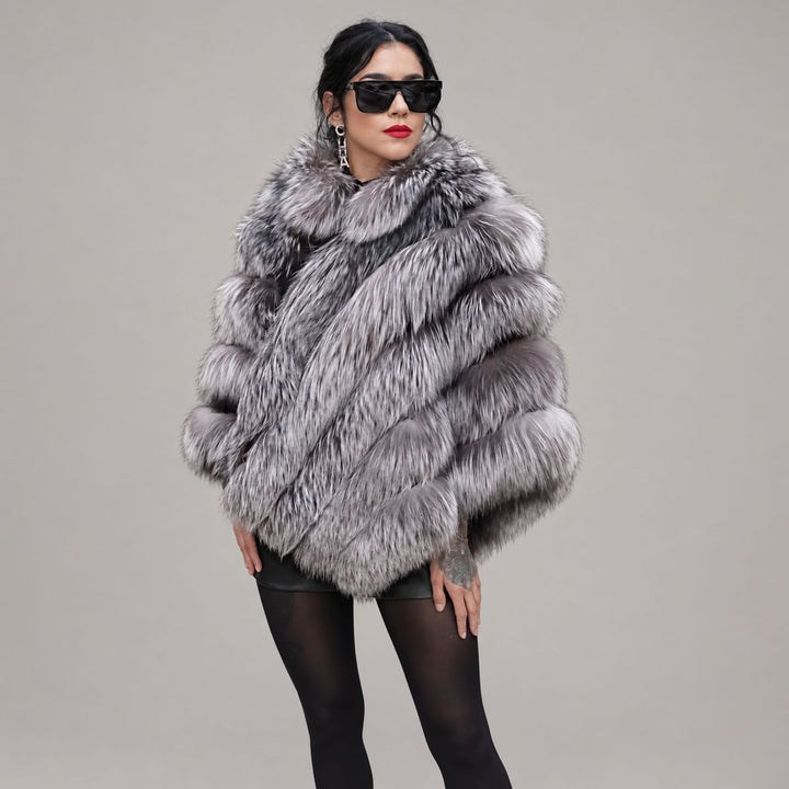 Women’s Real Fox Fur Poncho with Leather Trim Zip Closure Oversized Silver Fox Fur Cape Jacket