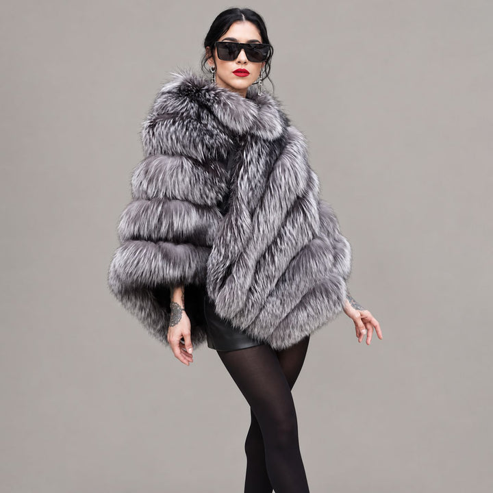 Women’s Real Fox Fur Poncho with Leather Trim Zip Closure Oversized Silver Fox Fur Cape Jacket