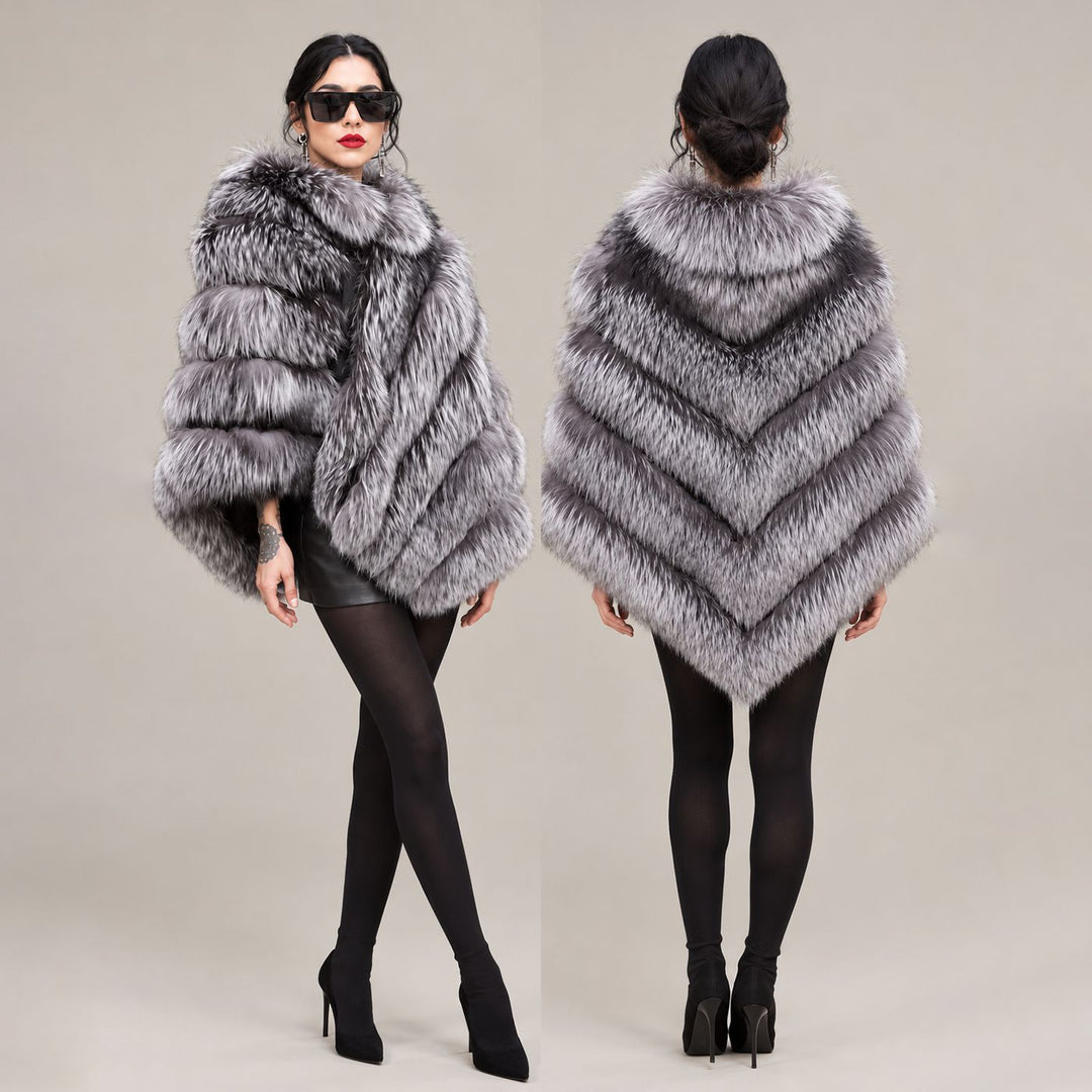 Women’s Real Fox Fur Poncho with Leather Trim Zip Closure Oversized Silver Fox Fur Cape Jacket