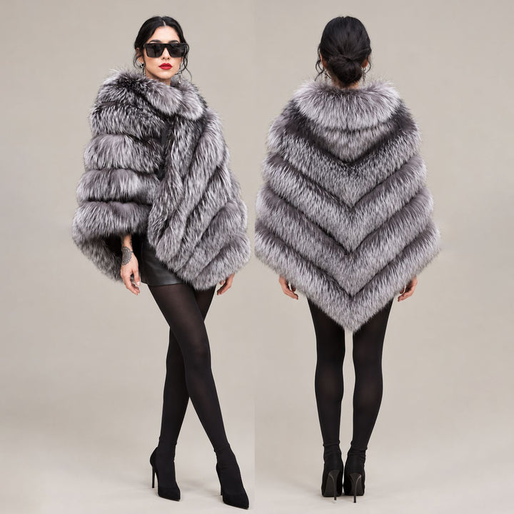 Women’s Real Fox Fur Poncho with Leather Trim Zip Closure Oversized Silver Fox Fur Cape Jacket