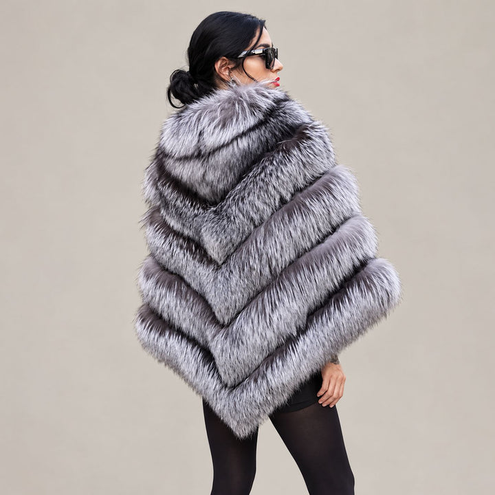 Women’s Real Fox Fur Poncho with Leather Trim Zip Closure Oversized Silver Fox Fur Cape Jacket