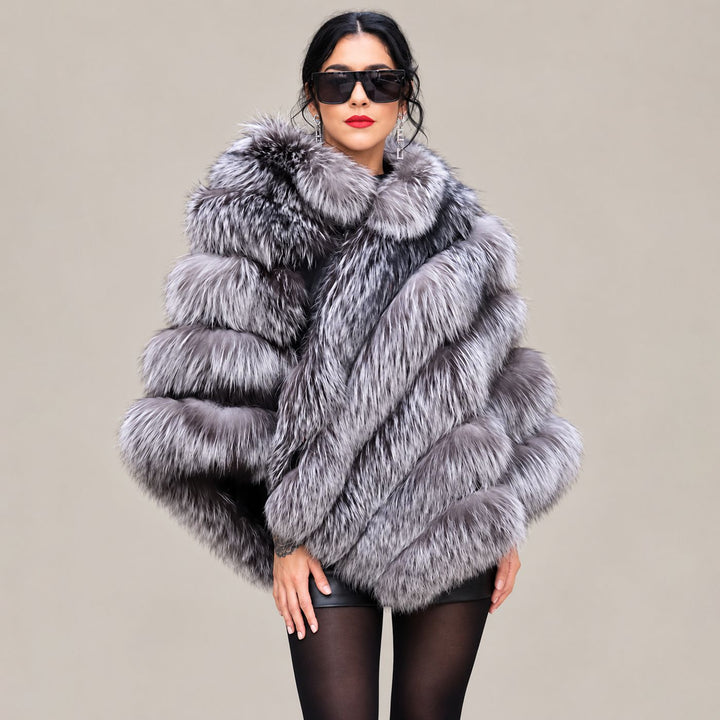 Women’s Real Fox Fur Poncho with Leather Trim Zip Closure Oversized Silver Fox Fur Cape Jacket