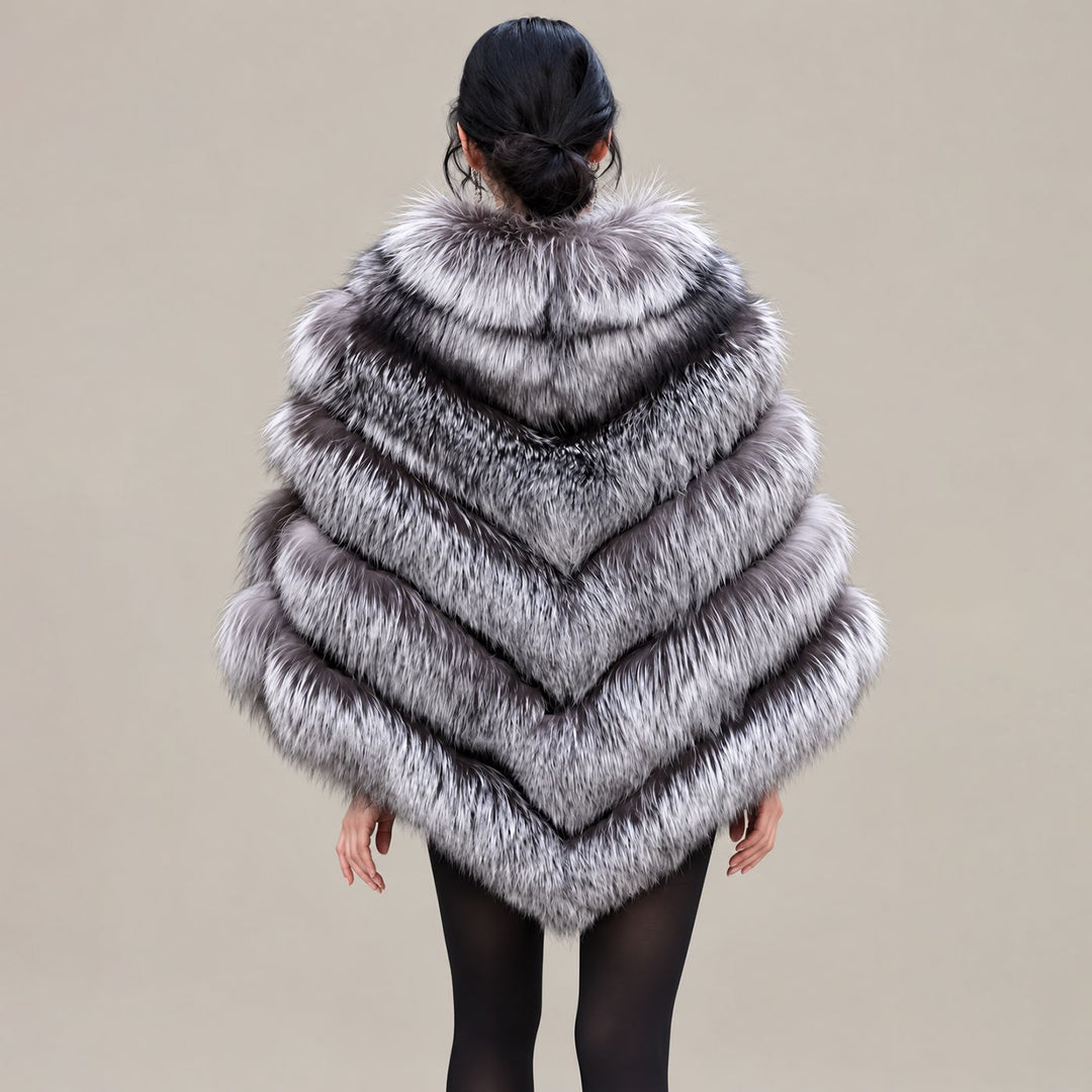 Women’s Real Fox Fur Poncho with Leather Trim Zip Closure Oversized Silver Fox Fur Cape Jacket