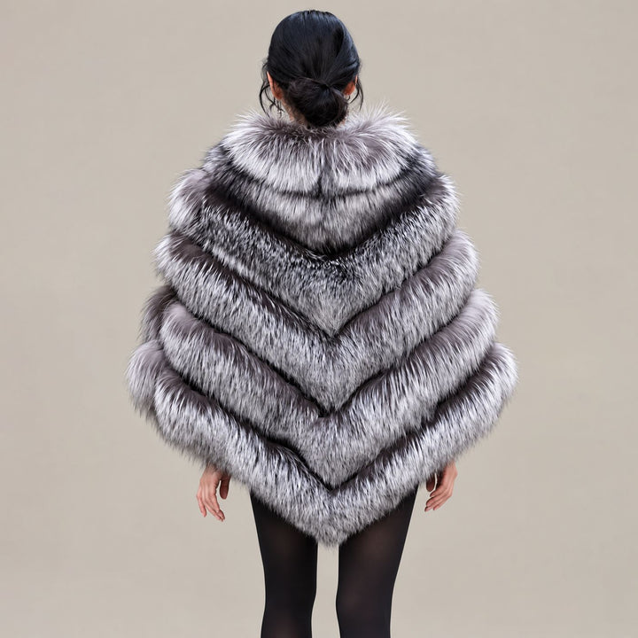 Women’s Real Fox Fur Poncho with Leather Trim Zip Closure Oversized Silver Fox Fur Cape Jacket
