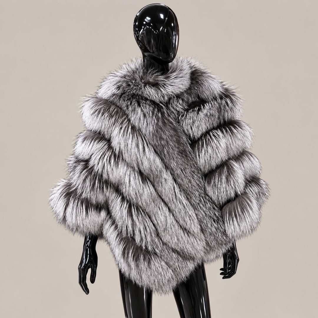 Women’s Real Fox Fur Poncho with Leather Trim Zip Closure Oversized Silver Fox Fur Cape Jacket