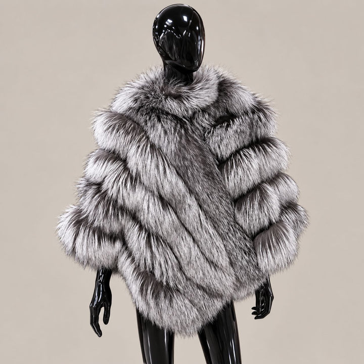 Women’s Real Fox Fur Poncho with Leather Trim Zip Closure Oversized Silver Fox Fur Cape Jacket