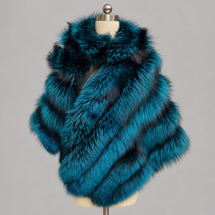 Women’s Real Fox Fur Poncho with Leather Trim Zip Closure Oversized Silver Fox Fur Cape Jacket