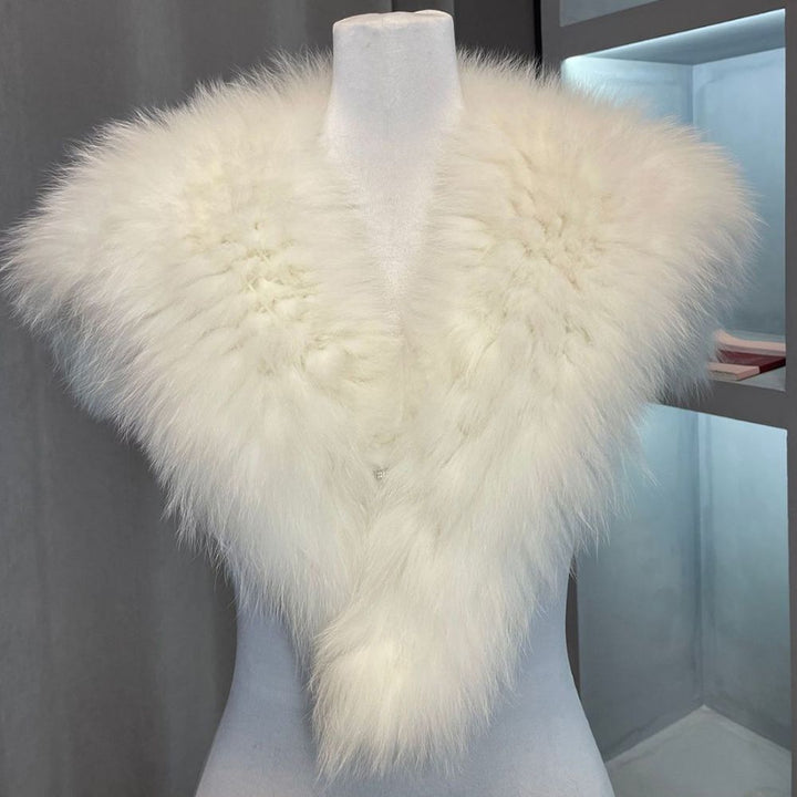 Luxury Fox Fur Shawl Collar Fluffy Soft Fur Stole Cape with Crystal Clasp