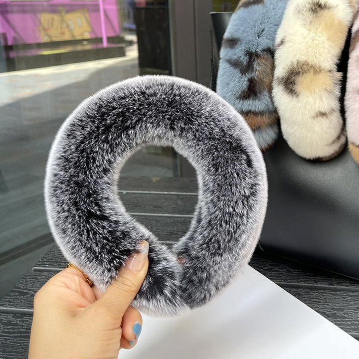 Real Rabbit Fur Headband Women's Soft Plush Leopard Print Hair Accessories