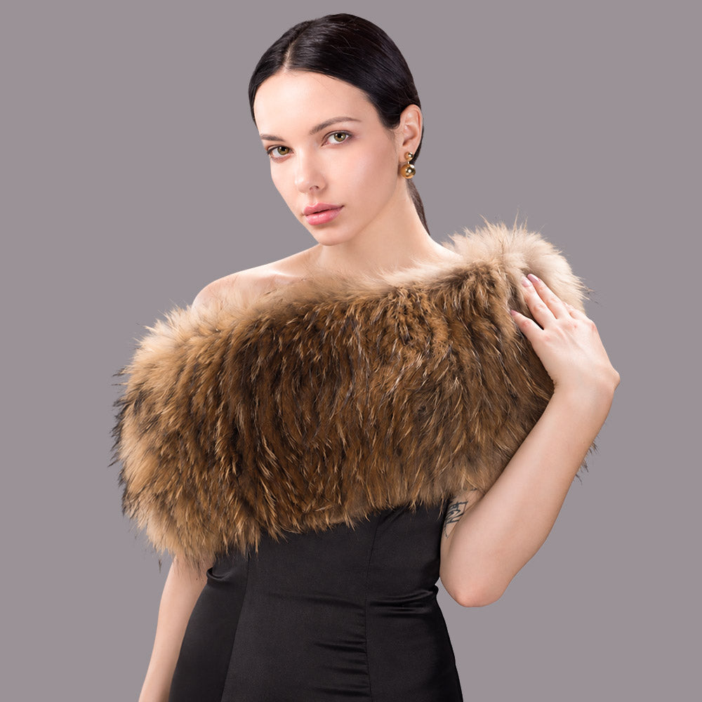 Women’s Real Raccoon Fur Wrap Shawl Natural Color Fur Stole Cape Collar