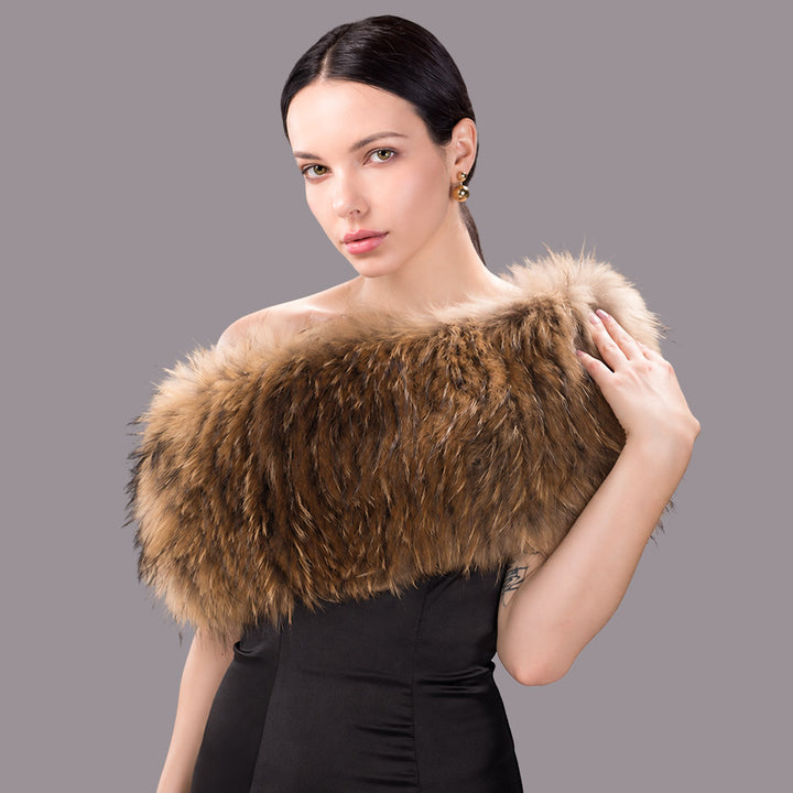 Women’s Real Raccoon Fur Wrap Shawl Natural Color Fur Stole Cape Collar