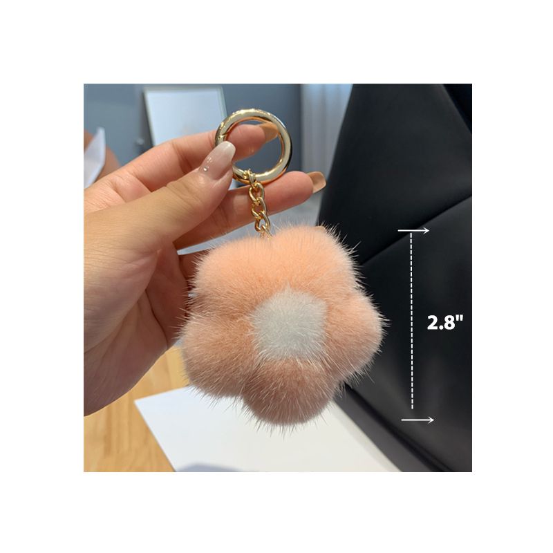 Cute Real Mink Fur Flower Car Keychain Fluffy Pom-Pom Luxury Bag Charm