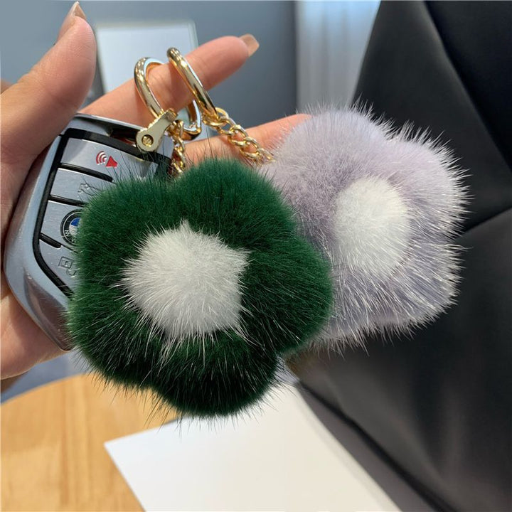 Cute Real Mink Fur Flower Car Keychain Fluffy Pom-Pom Luxury Bag Charm