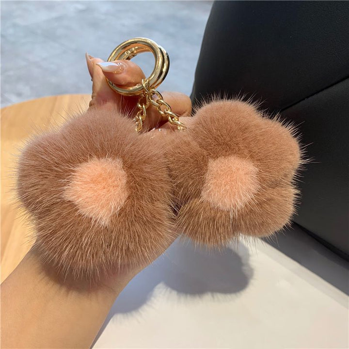 Cute Real Mink Fur Flower Car Keychain Fluffy Pom-Pom Luxury Bag Charm
