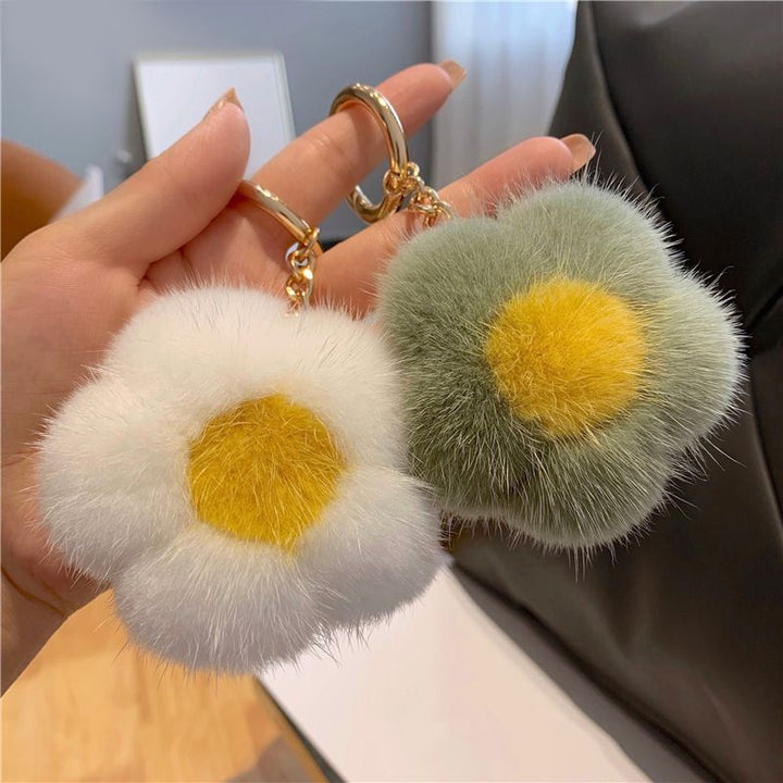 Cute Real Mink Fur Flower Car Keychain Fluffy Pom-Pom Luxury Bag Charm