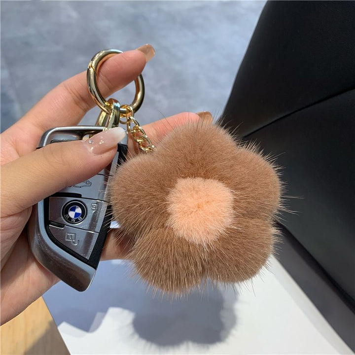 Cute Real Mink Fur Flower Car Keychain Fluffy Pom-Pom Luxury Bag Charm