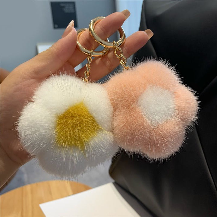 Cute Real Mink Fur Flower Car Keychain Fluffy Pom-Pom Luxury Bag Charm