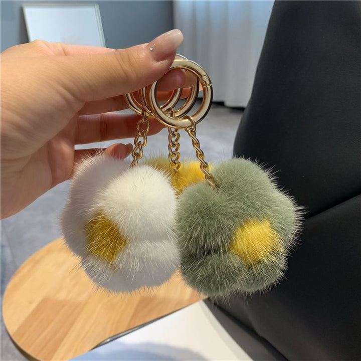 Cute Real Mink Fur Flower Car Keychain Fluffy Pom-Pom Luxury Bag Charm