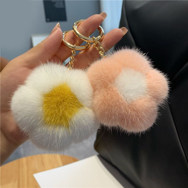 Cute Real Mink Fur Flower Car Keychain Fluffy Pom-Pom Luxury Bag Charm