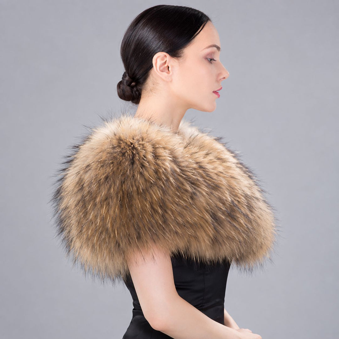 Women’s Real Raccoon Fur Wrap Shawl Natural Color Fur Stole Cape Collar