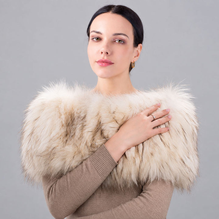 Women’s Real Raccoon Fur Wrap Shawl Natural Color Fur Stole Cape Collar