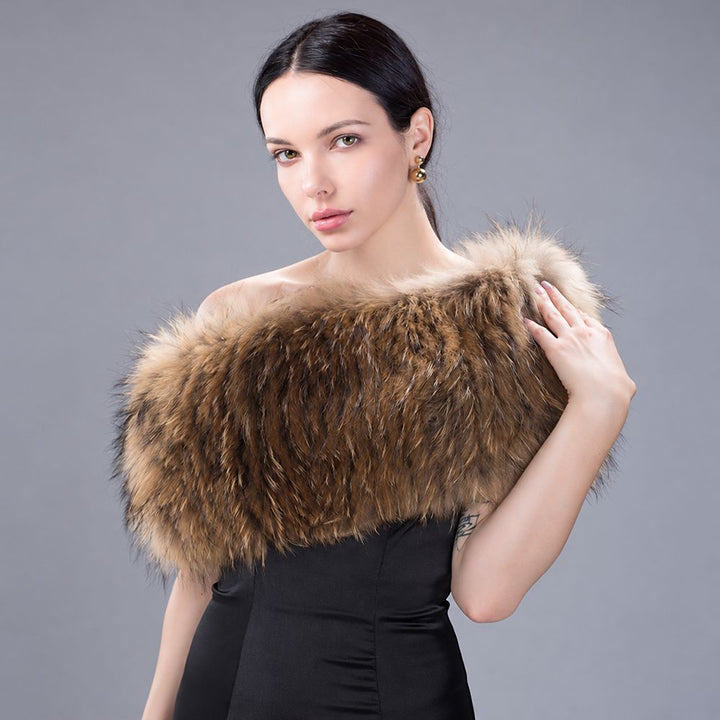 Women’s Real Raccoon Fur Wrap Shawl Natural Color Fur Stole Cape Collar