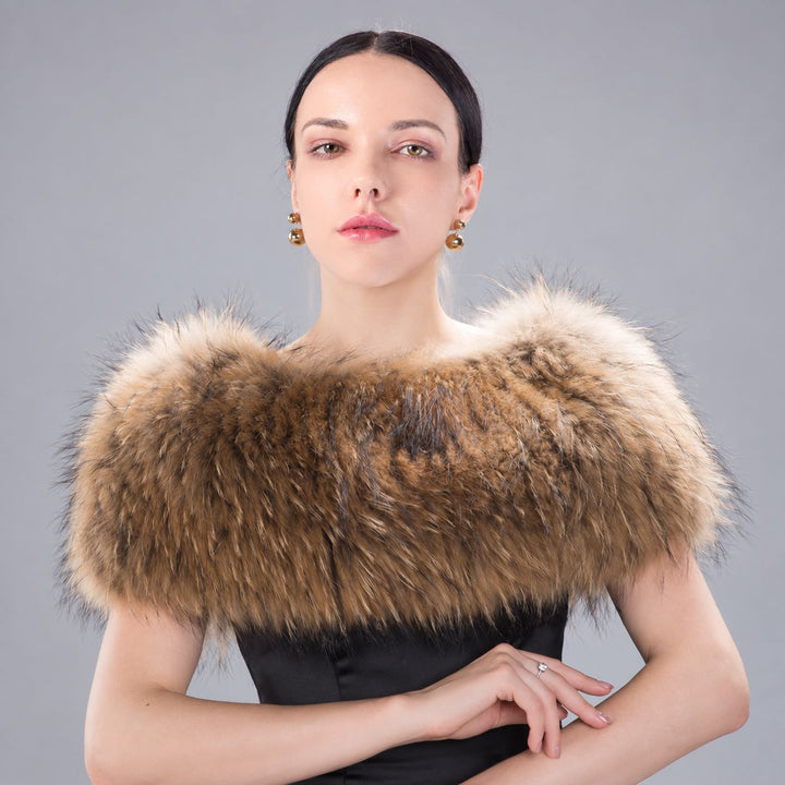 Women’s Real Raccoon Fur Wrap Shawl Natural Color Fur Stole Cape Collar