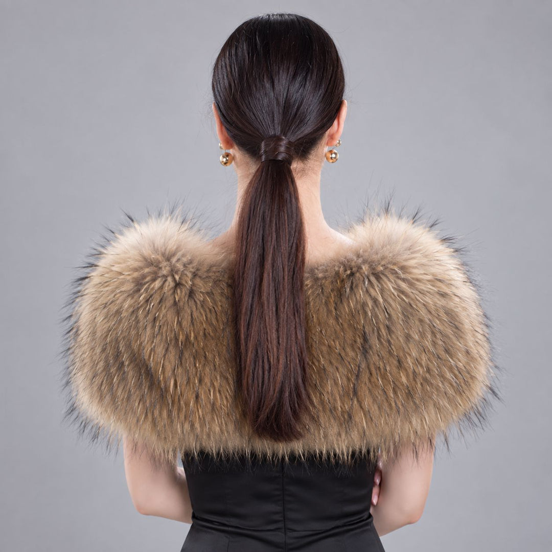 Women’s Real Raccoon Fur Wrap Shawl Natural Color Fur Stole Cape Collar