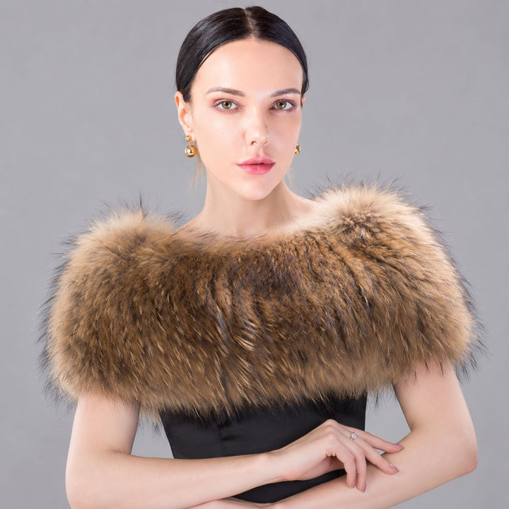 Women’s Real Raccoon Fur Wrap Shawl Natural Color Fur Stole Cape Collar