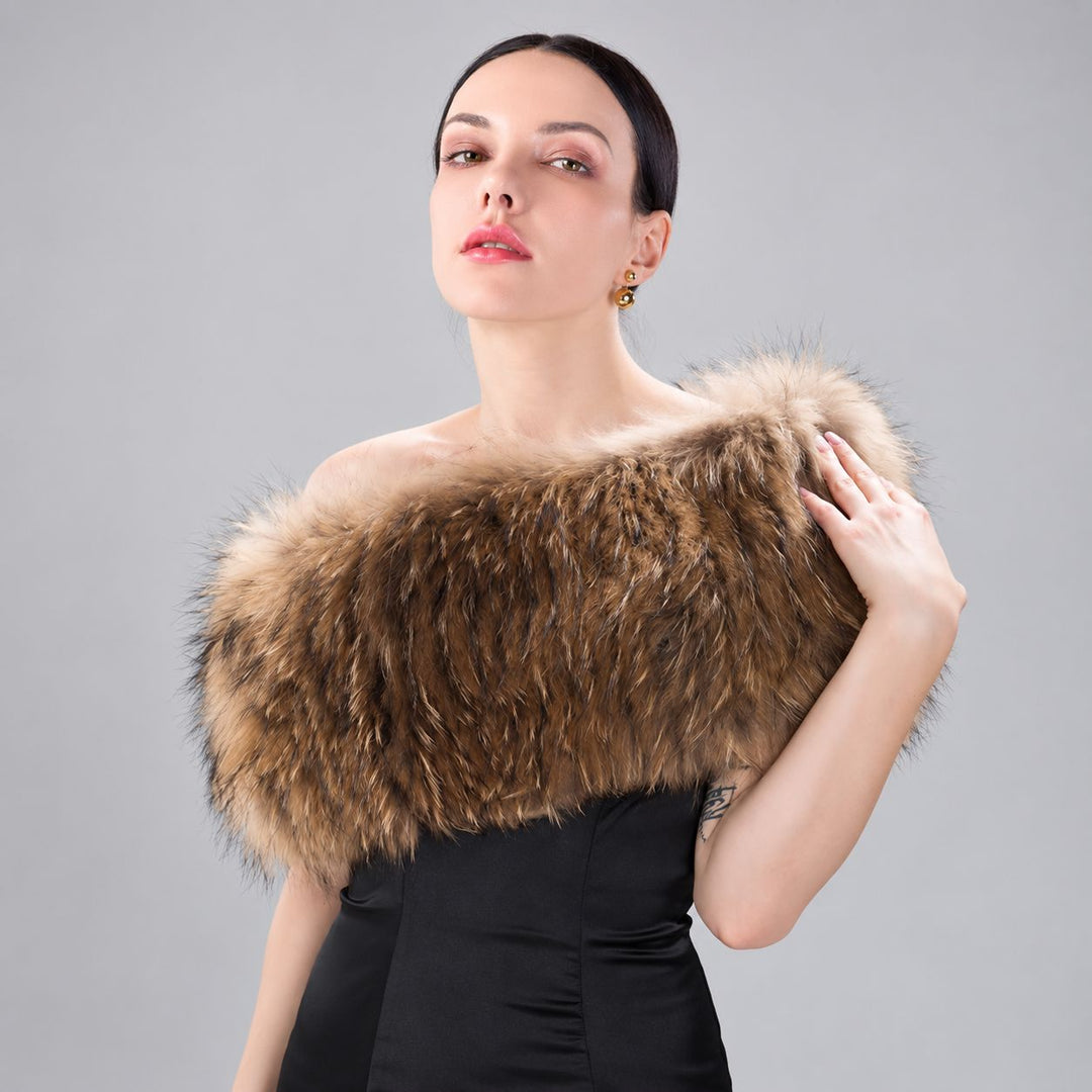 Women’s Real Raccoon Fur Wrap Shawl Natural Color Fur Stole Cape Collar