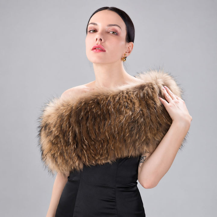 Women’s Real Raccoon Fur Wrap Shawl Natural Color Fur Stole Cape Collar