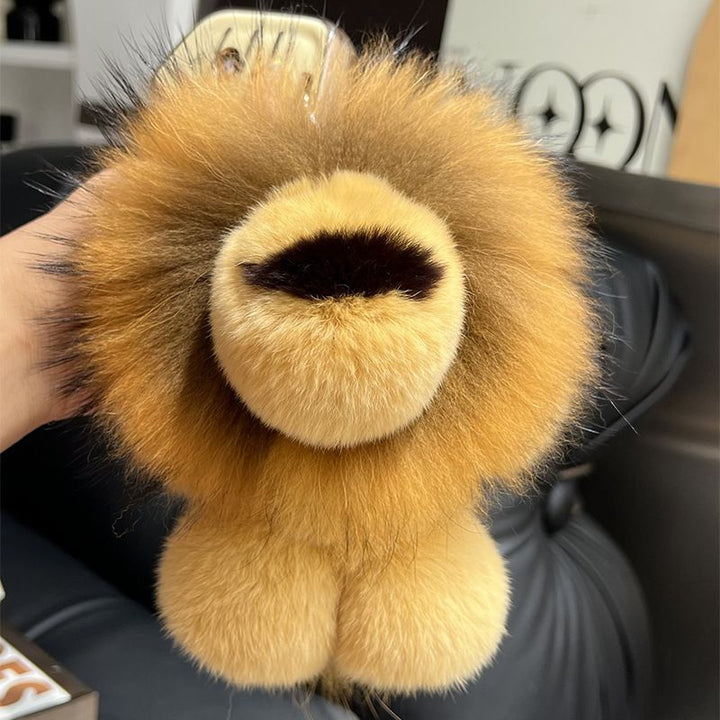 Real Fur Lion Keychain Handmade Fluffy Animal Bag Charm Luxury Fur Pom Pom Key Ring