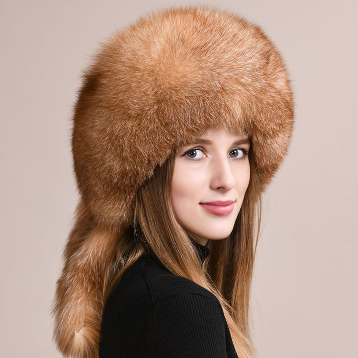 Soft Real Fox Fur Hat with Elegant Tails Women's Winter Fashion Cozy Full-Pelt Fur Beanie for Cold Weather