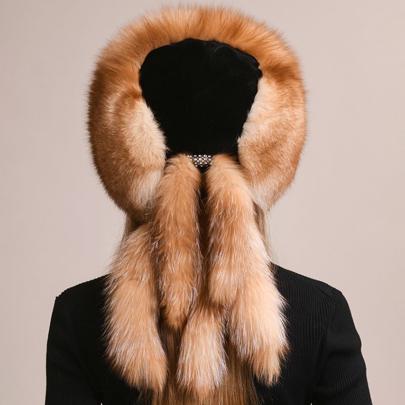 Soft Real Fox Fur Hat with Elegant Tails Women's Winter Fashion Cozy Full-Pelt Fur Beanie for Cold Weather