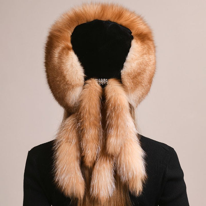 Soft Real Fox Fur Hat with Elegant Tails Women's Winter Fashion Cozy Full-Pelt Fur Beanie for Cold Weather