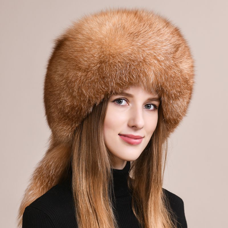 Soft Real Fox Fur Hat with Elegant Tails Women's Winter Fashion Cozy Full-Pelt Fur Beanie for Cold Weather