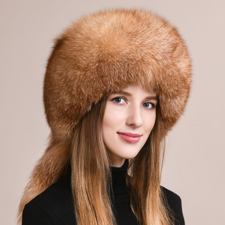 Soft Real Fox Fur Hat with Elegant Tails Women's Winter Fashion Cozy Full-Pelt Fur Beanie for Cold Weather