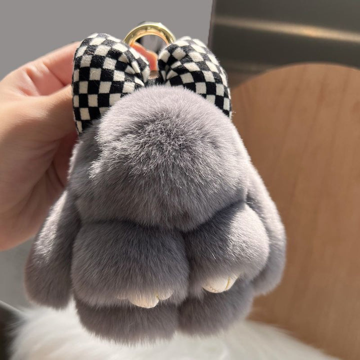 Real Rex Rabbit Fur Bunny Keychain Ultra-Soft Lop Eared Rabbit Key Ring with Bow