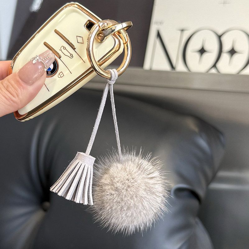 Real Mink Fur Pom Pom Tassel Keychain Fluffy Bag Charm Leather Key Ring
