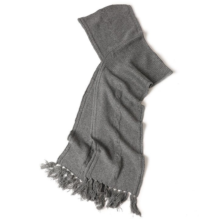 Cashmere Hooded Cable Knit Long Scarf with Fringe