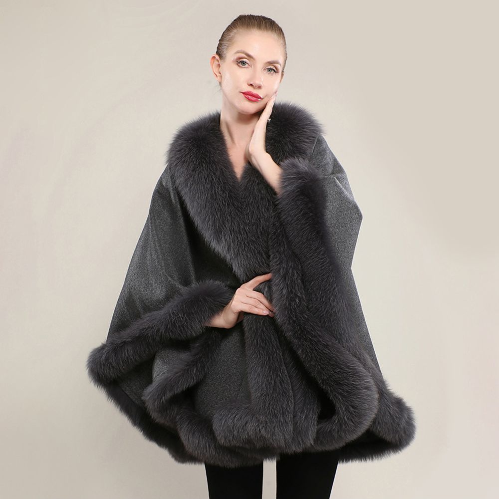 Women’s Oversized Cashmere Poncho Cape with Real Fox Fur Trim