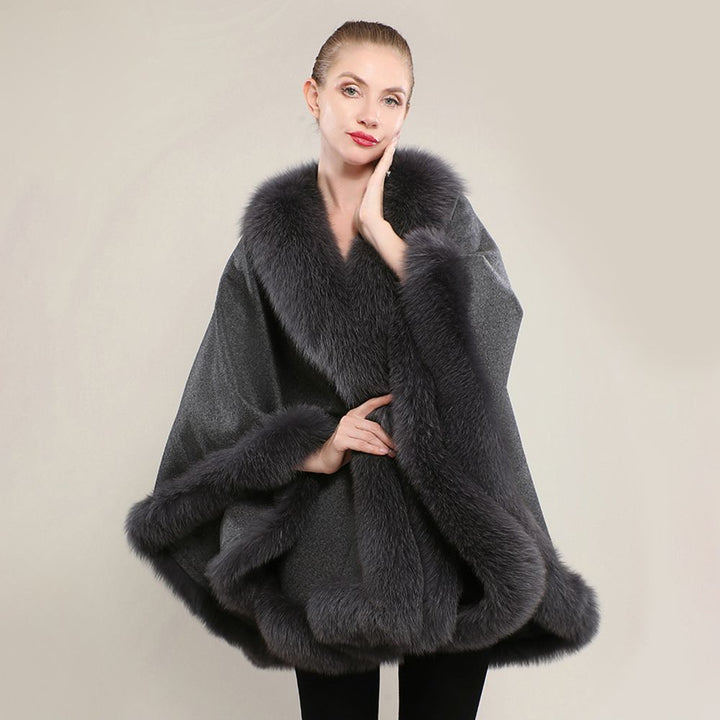 Women’s Oversized Cashmere Poncho Cape with Real Fox Fur Trim