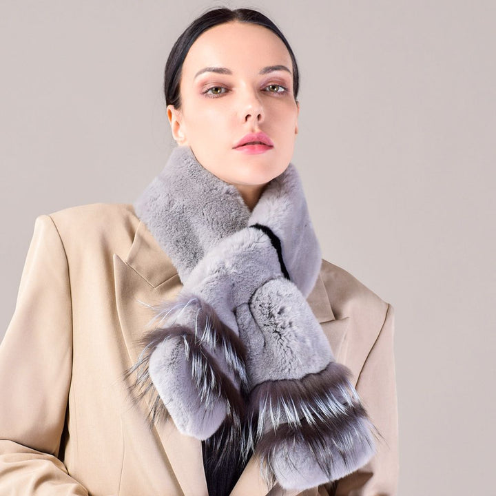 Soft Rabbit Fur Scarf with Fox Fur Trim Fashionable Two-Tone Women Winter Scarf