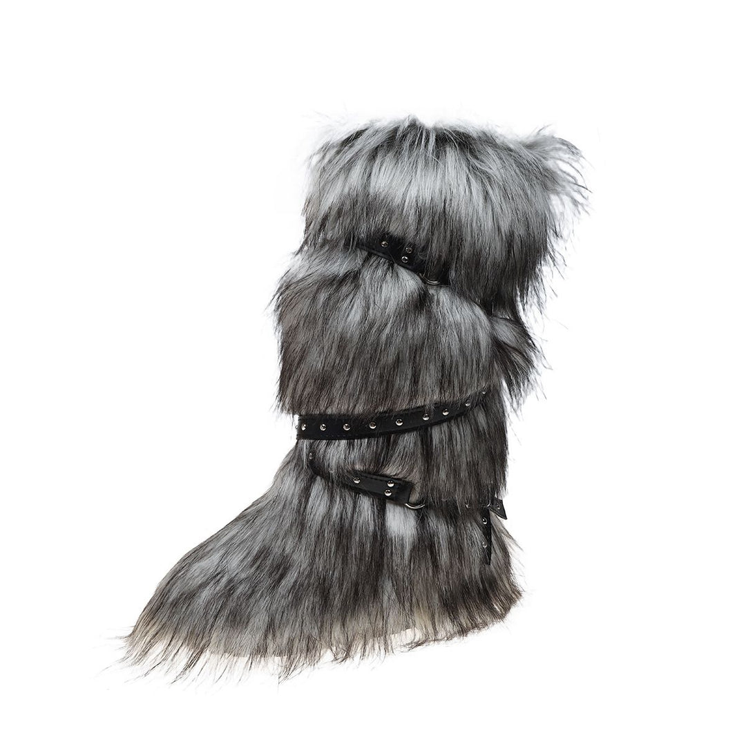 Womens Faux Fur Boot Winter Fluffy Long Furry Boots for Girls Outdoor Fuzzy Knee-High Sexy Snow Boots with Cross Straps and Buckle