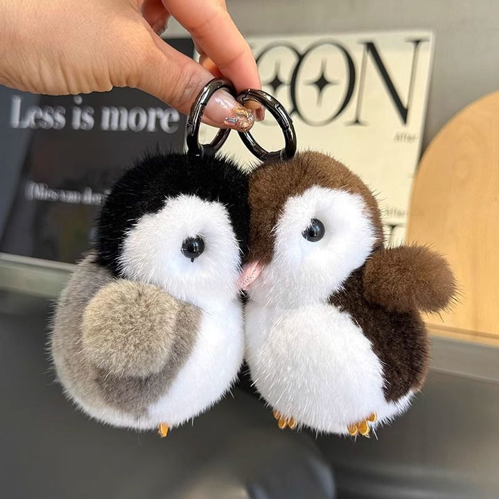 Luxury Real Mink Fur Penguin Keychain Premium Fluffy Animal Bag Charm Car Key Ring Accessory